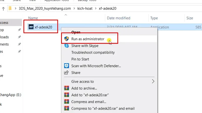 Chạy fle xj-adesk20 bằng quyền admin