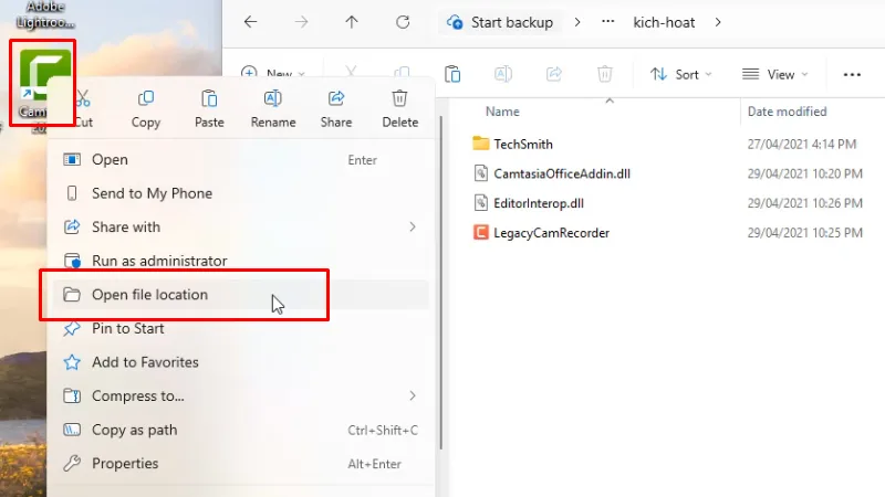 Chuột phải vào app Camtasia 2021 chọn Open file location