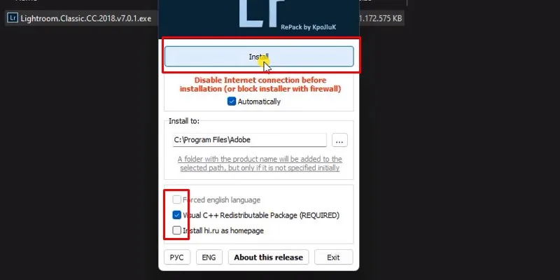 Lightroom 2018: Hướng Dẫn Cài Đặt 14 Tích chọn như hình và nhấn Install