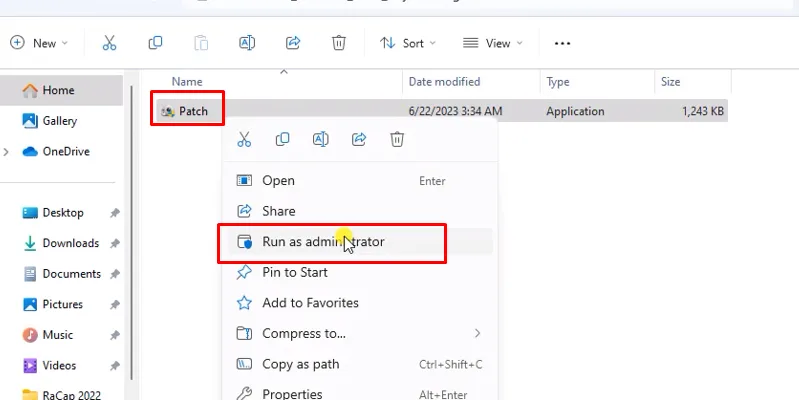 chuột phải vào Patch chọn run as admin