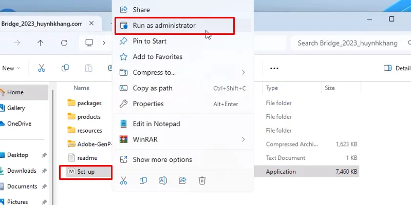 chuột phải file setup chọn run as admin
